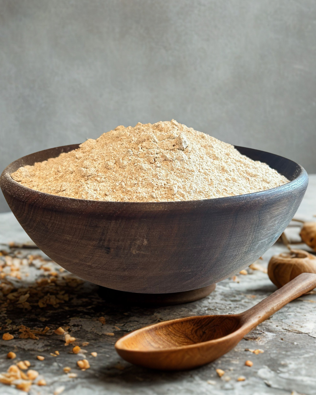 Wooden bowl filled with freshly milled whole wheat flour. 